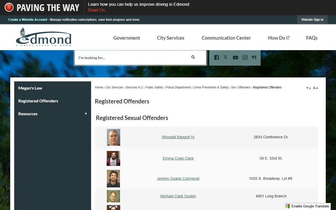 Edmond police registered offenders information page