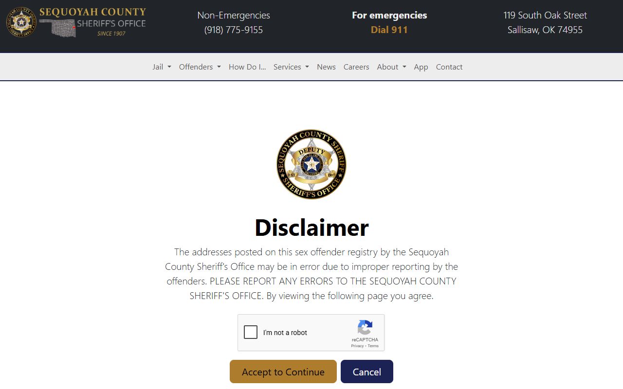 Sequoyah County Sheriff sex offender disclaimer