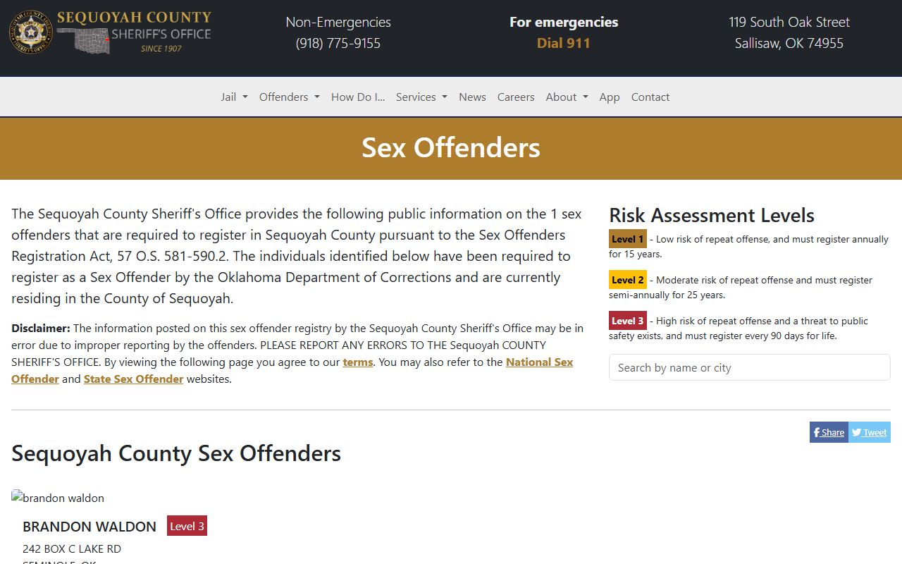 Sequoyah County Sheriff sex offender registry page