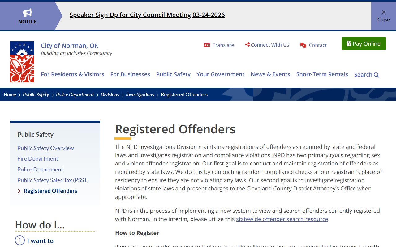 Norman Police Department registered sex offenders information page