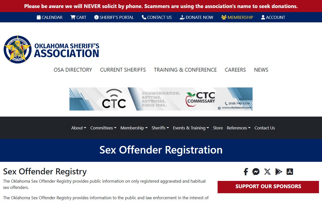 Oklahoma Sheriffs Association sex offender registration statewide information