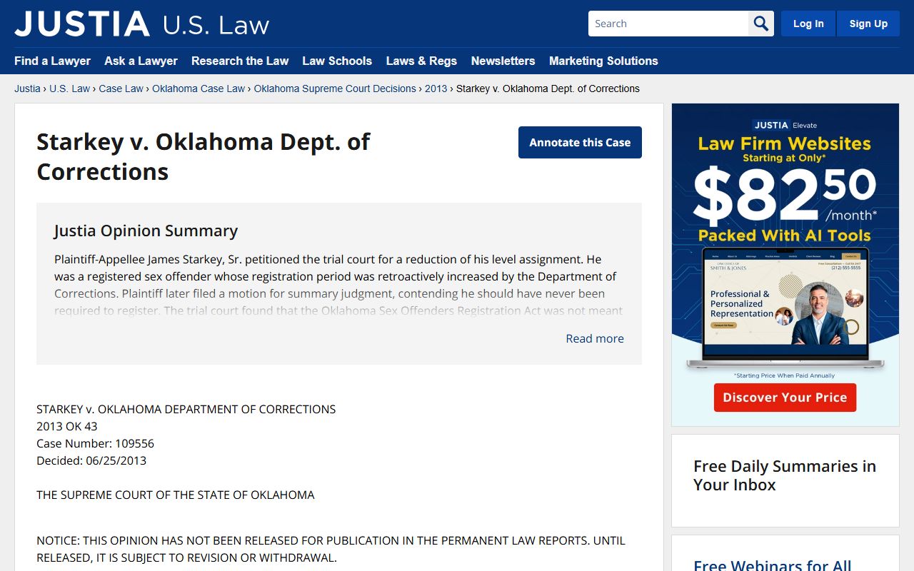 Starkey v Oklahoma Department of Corrections case on sex offender risk level assignments